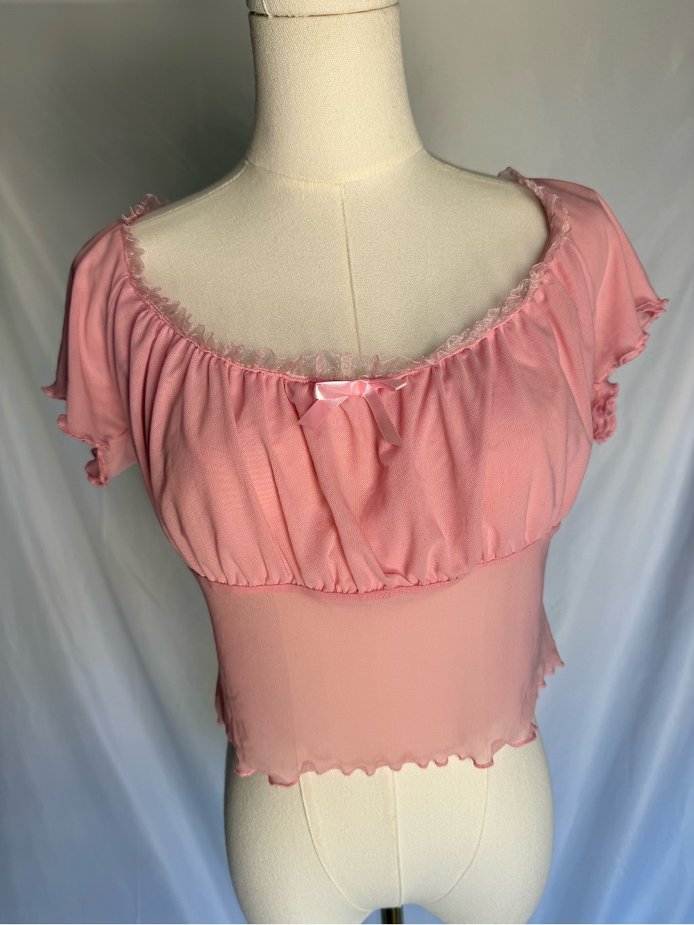 Sugar Thrillz Soft Pink Coquette Milkmaid Mesh Crop Top Large Lettuce Trim